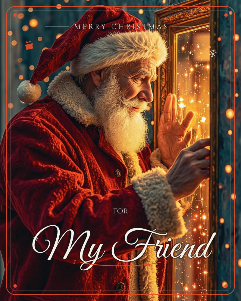 A man dressed as Santa, in a red fur-trimmed coat and hat, leans close to a glowing framed window strung with warm fairy lights, his hand reaching…, a christmas e-card design