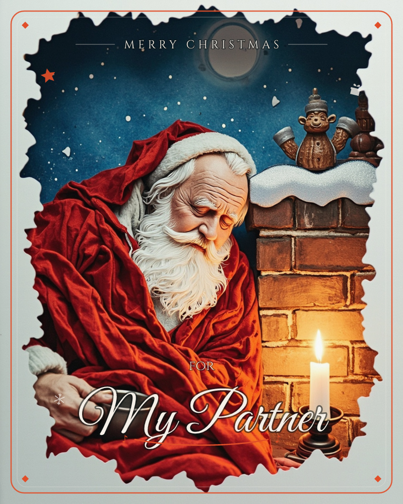 A weary Santa in a heavy red velvet robe leans against a snow-capped brick chimney, eyes closed and beard catching candlelight as he holds a small dark…, a christmas e-card design