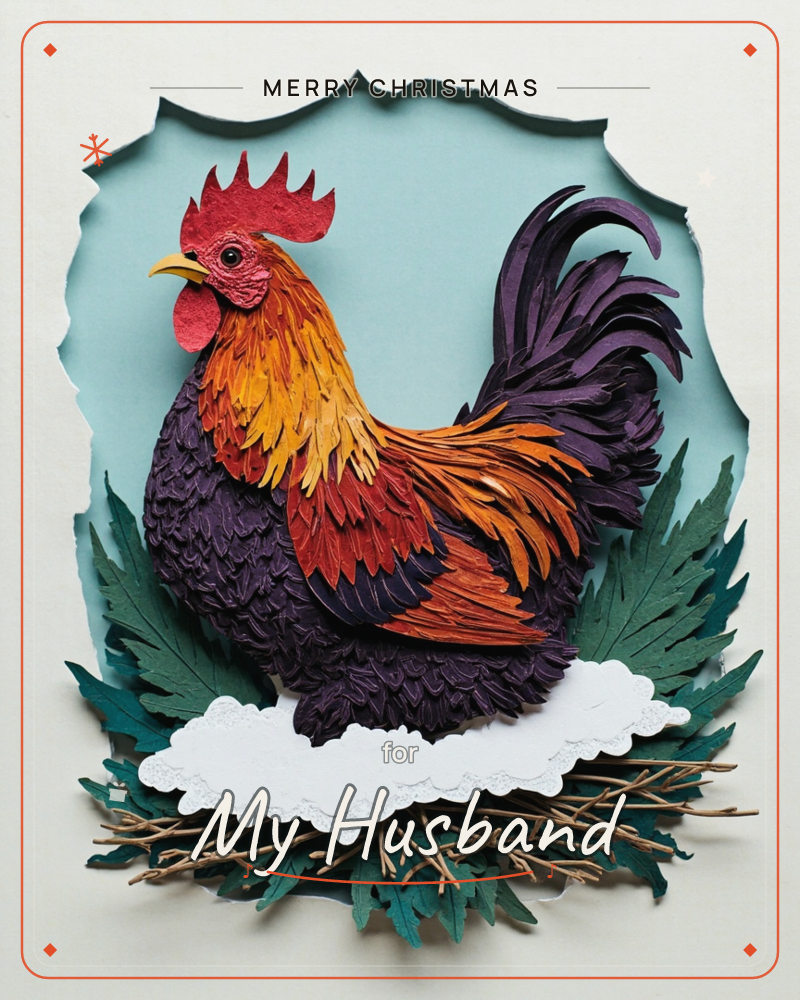 A rooster crafted from layered cut paper stands proud against a pale teal background, its feathers built up in fringed ribbons of deep purple, amber…, a christmas e-card design