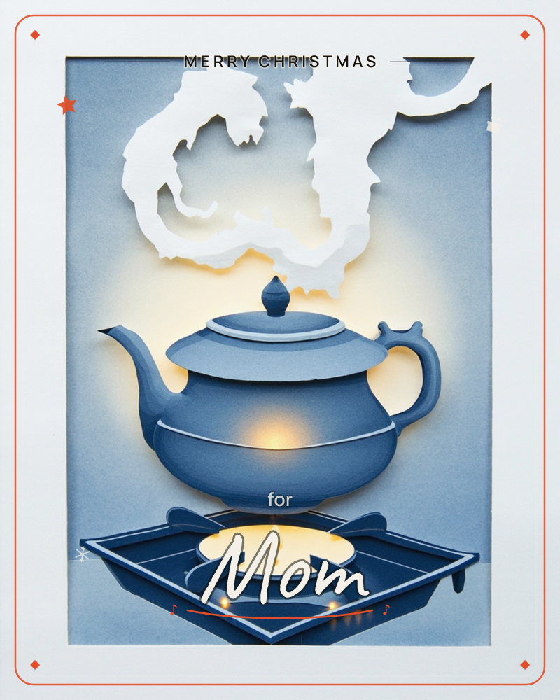 A layered paper-cut illustration shows a navy blue teapot glowing warm from within, set on a matching warmer with a small lit candle beneath it, a christmas e-card design