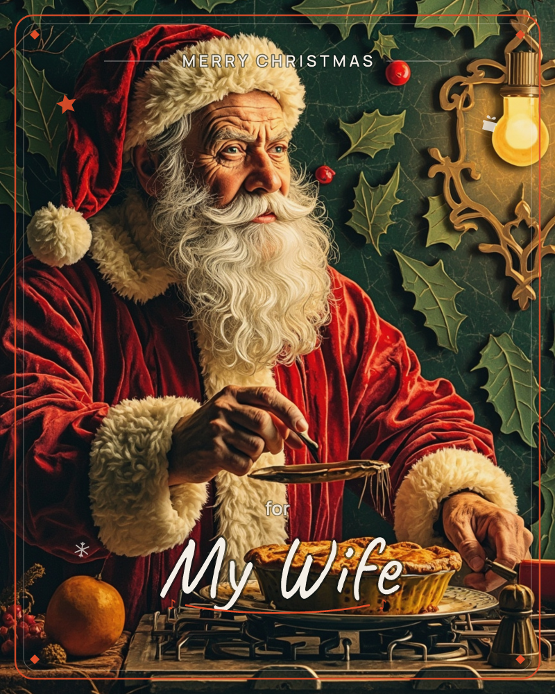 Santa Claus leans over a freshly baked pie set on a stovetop, knife in hand, caught mid-taste-test in a cozy kitchen decorated with holly leaves and…, a christmas e-card design