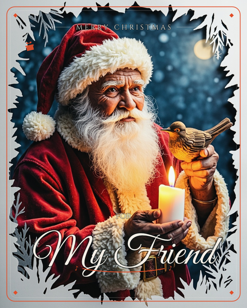 The card shows Santa Claus in close-up, cradling a lit candle in one hand while a small perched bird rests on the other, framed against a snowy night…, a christmas e-card design