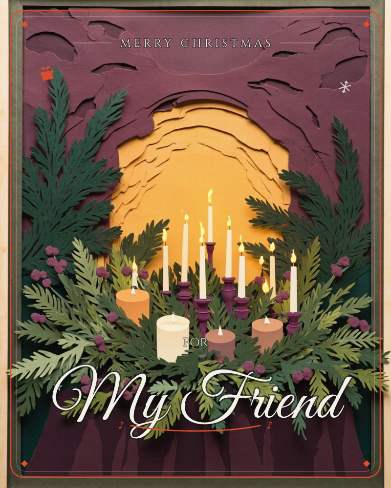 A layered paper-cut illustration shows a cluster of lit candles nestled among cut-paper evergreen boughs and clusters of berries, framed by an arched…, a christmas e-card design