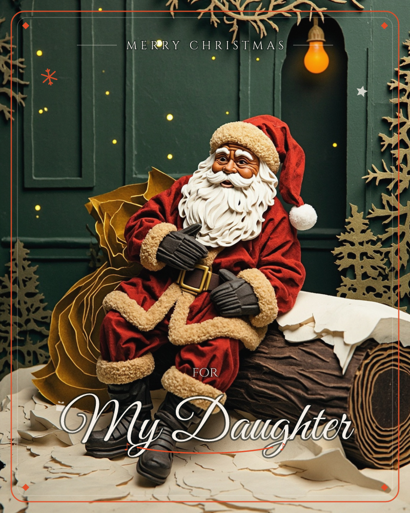 Santa Claus sits perched on a snow-capped log, a golden sack of gifts propped beside him, against a deep green paneled wall with a glowing amber bulb…, a christmas e-card design