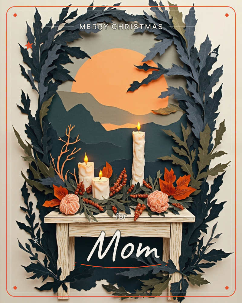 A layered paper-cut scene shows three lit candles on a small wooden bench, framed by dark jagged leaves and a glowing orange sun setting behind dusky…, a christmas e-card design