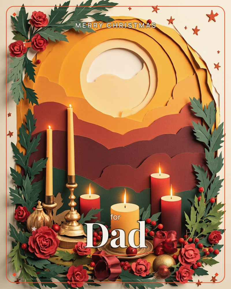 A layered paper-cut landscape shows a golden moon rising over rolling amber and burgundy hills, framed by a wreath of red paper roses, holly leaves and…, a christmas e-card design