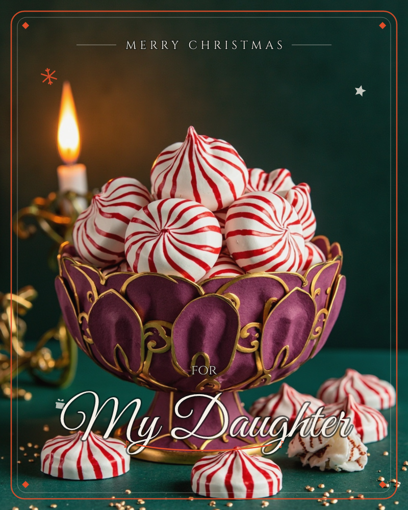A purple and gold pedestal bowl overflows with swirled red-and-white peppermint meringues, set against a deep emerald backdrop with a single lit candle…, a christmas e-card design