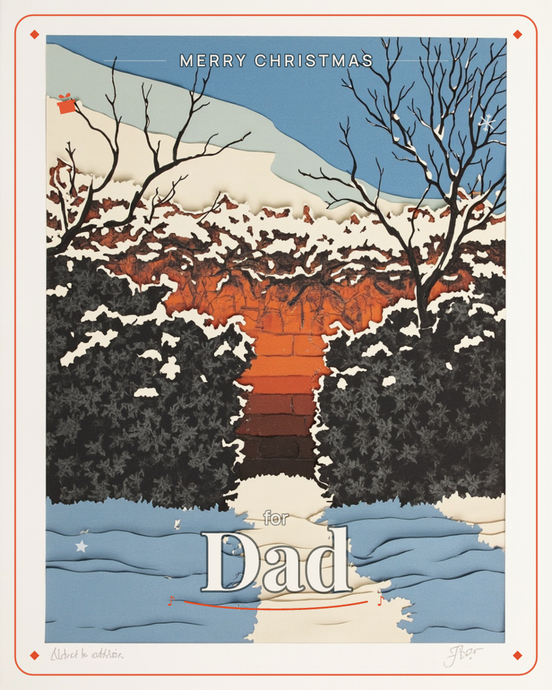 A layered paper-cut illustration shows a snow-topped brick archway framed by dark hedges and bare winter trees, with a snowy path leading up to it…, a christmas e-card design