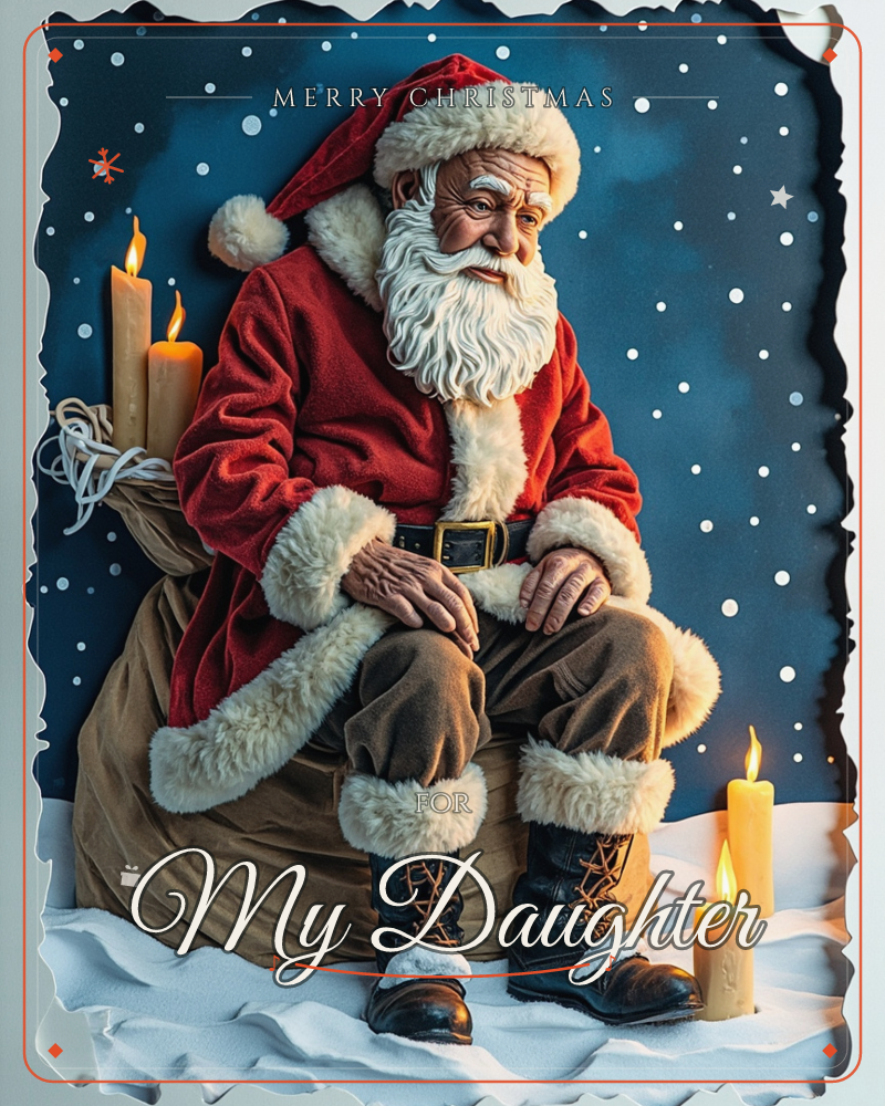 A weathered figure of Santa Claus sits resting on a full sack, dressed in a red fur-trimmed coat and worn leather boots, framed by a deep navy sky…, a christmas e-card design