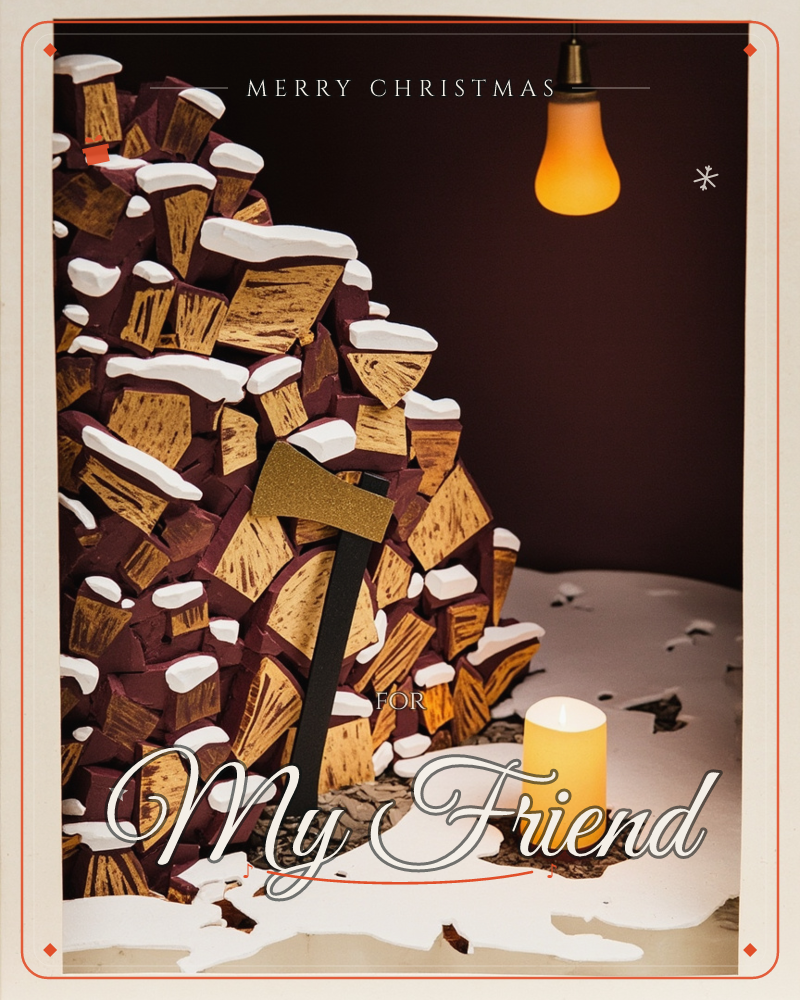 A stack of chopped logs, cut ends glowing amber, sits under a light dusting of paper-cut snow with an axe wedged into the pile, a christmas e-card design