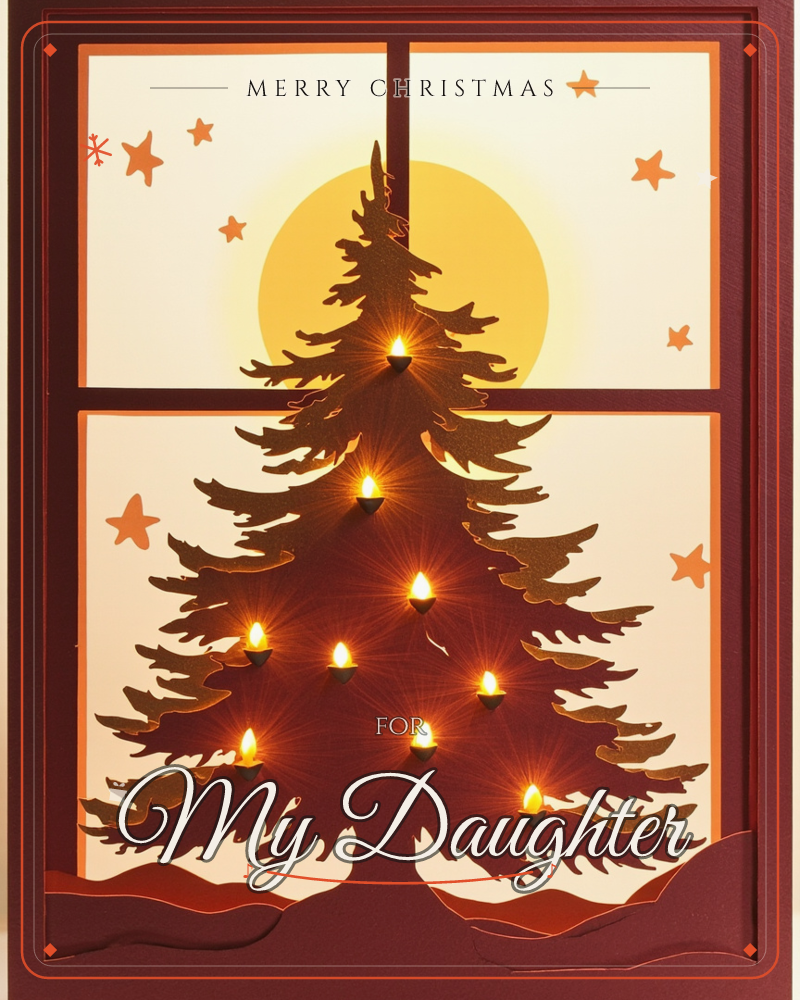 A layered paper-cut fir tree stands silhouetted in a deep maroon window frame, its branches dotted with tiny glowing candle-lights that cast starburst…, a christmas e-card design