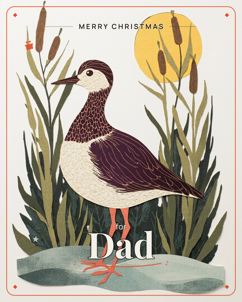 A wading bird with a speckled dark plum breast, cream belly and coral-orange legs stands among tall cattails and grasses on a pale blue-grey riverbank, a christmas e-card design