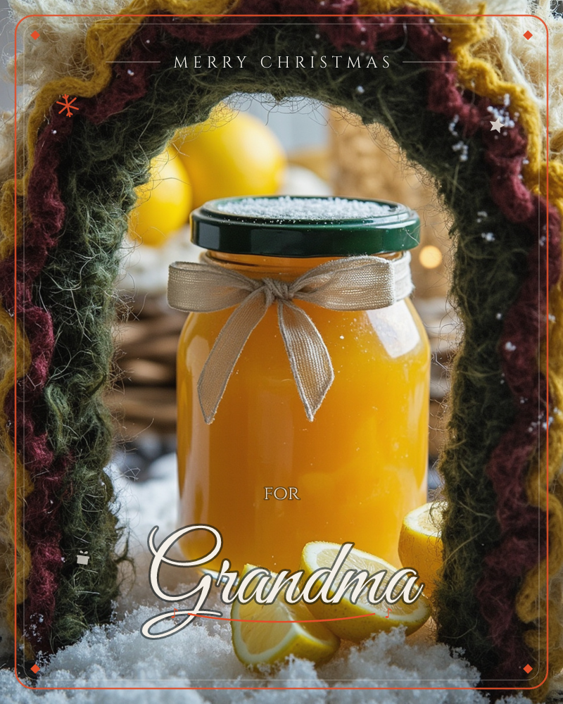 A jar of golden lemon curd sits nestled in fake snow, tied with a sheer cream ribbon, framed by a chunky knitted archway in mustard, burgundy and…, a christmas e-card design