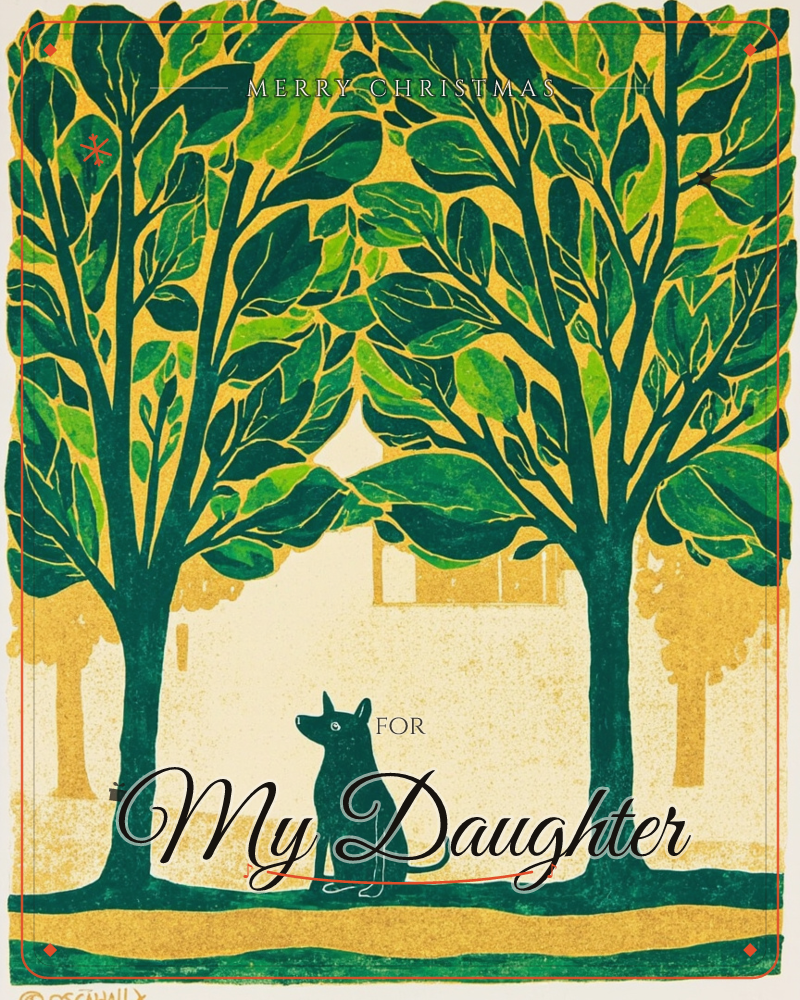 A dark silhouetted dog sits alert between two tall trees with dense, leafy canopies in shades of green, set against a warm mustard-yellow background, a christmas e-card design