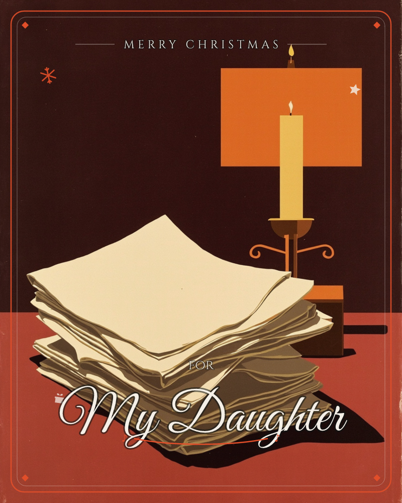 A thick stack of folded cream papers sits on a deep red table, lit by a single candle burning in a scrolled brass holder behind it, a christmas e-card design