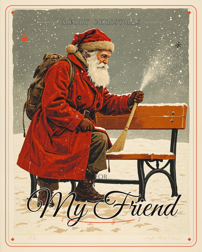 Santa pauses mid-journey to sweep fresh snow off a park bench with a small broom, his weathered pack and bedroll still strapped to his back, a christmas e-card design