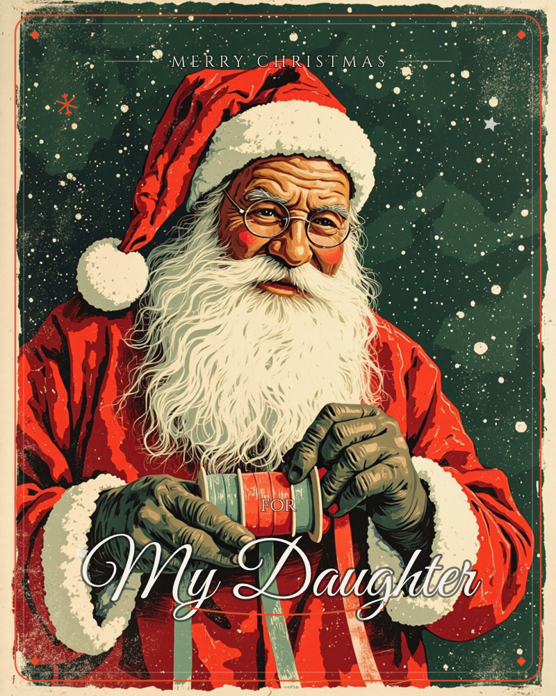 A close-up portrait of Santa Claus in his red suit and fur-trimmed cap, round glasses perched on his nose as he unspools a length of red and green…, a christmas e-card design