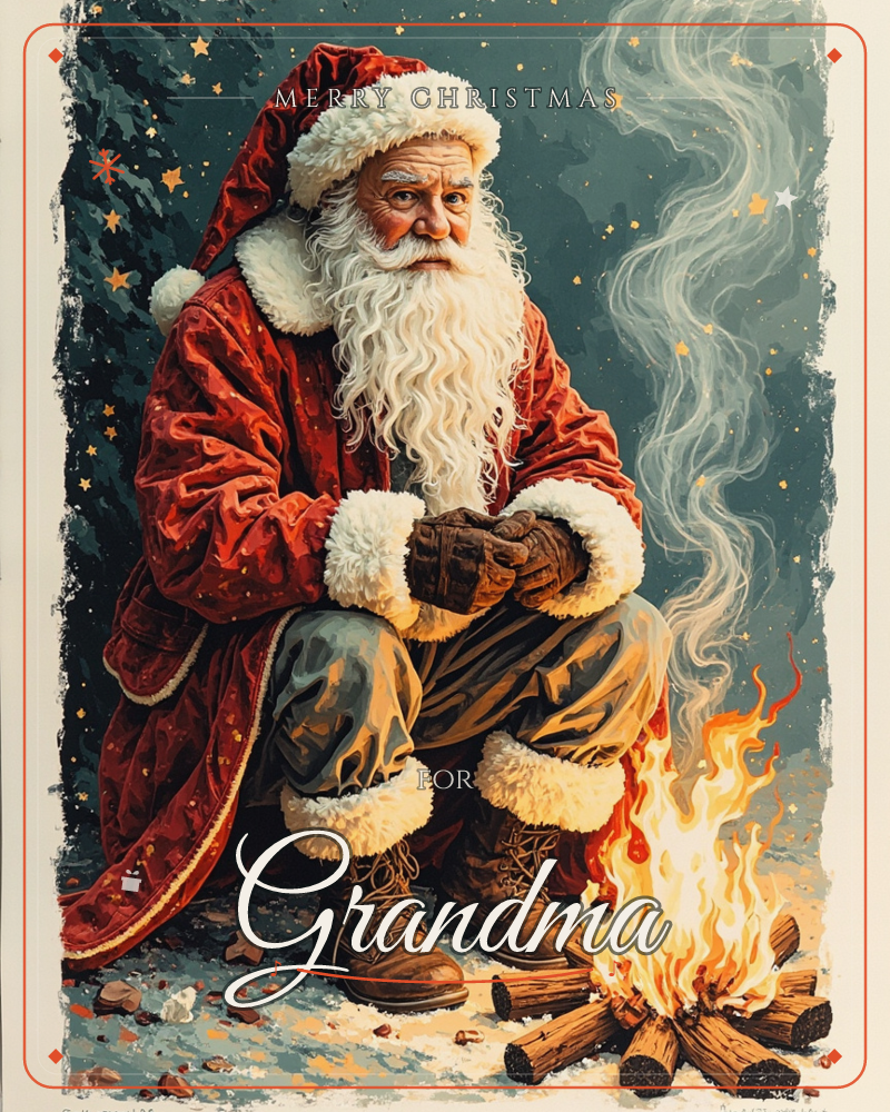A weathered Santa in a deep red fur-trimmed coat crouches beside a crackling campfire, smoke curling up against a starry teal night sky, a christmas e-card design