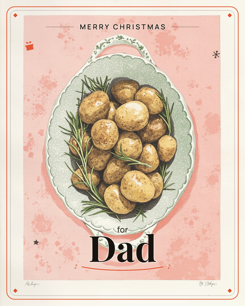 An oval scalloped-edge dish, pale sage green with a delicate leaf border, sits piled high with roasted new potatoes and sprigs of fresh rosemary, a christmas e-card design