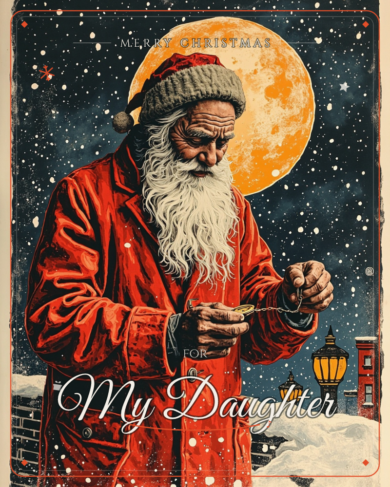 A weathered Santa in a deep red coat stands beneath a giant glowing orange moon, checking a pocket watch on a snowy rooftop street, a christmas e-card design