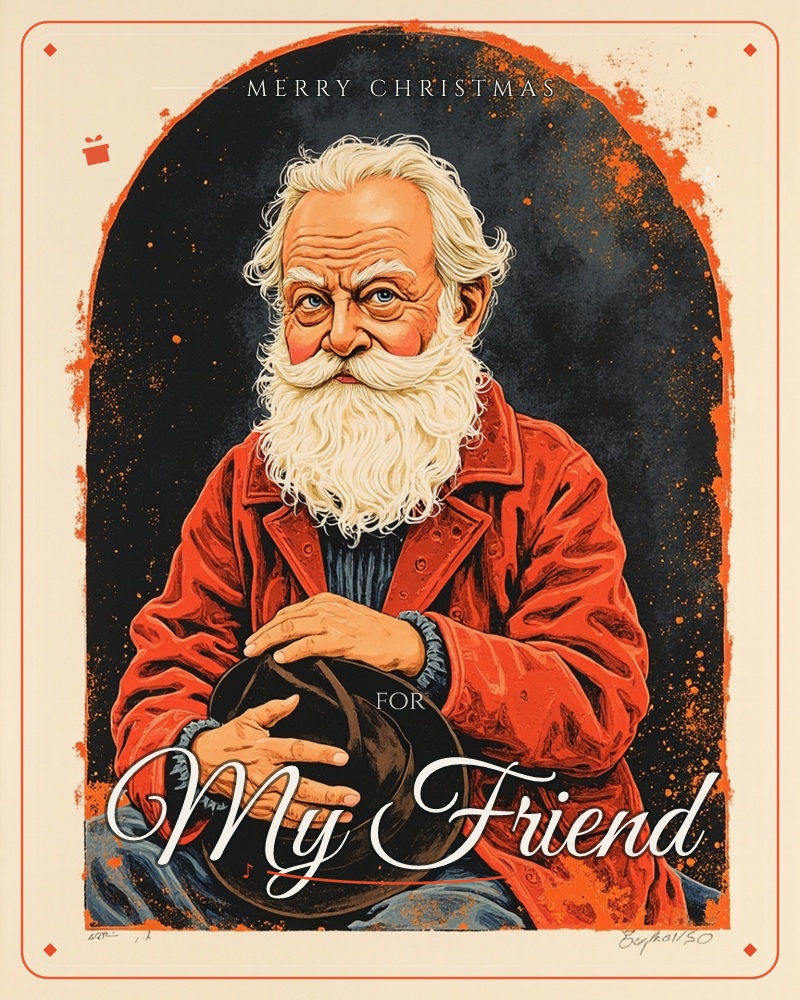 A portrait print shows an older man with a bushy white beard and wild white hair, seated in a rust-red coat and holding a dark hat in both hands, a christmas e-card design