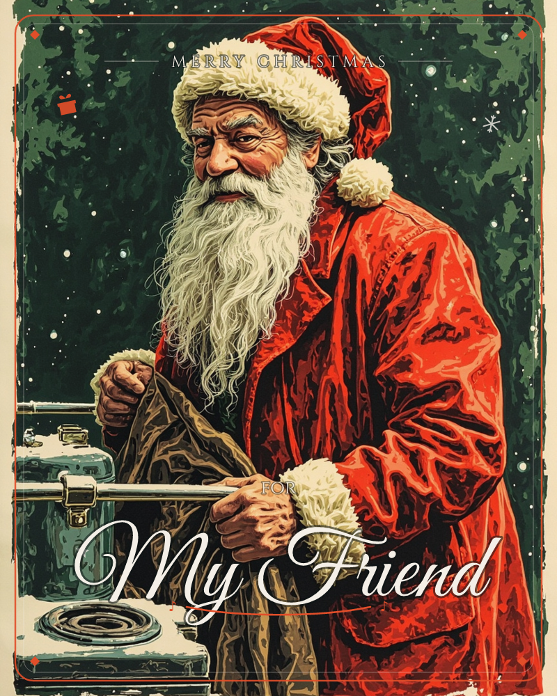 Santa Claus stands beside a vintage sled with a large sack slung over his shoulder, his long white beard and fur-trimmed red coat rendered in bold…, a christmas e-card design