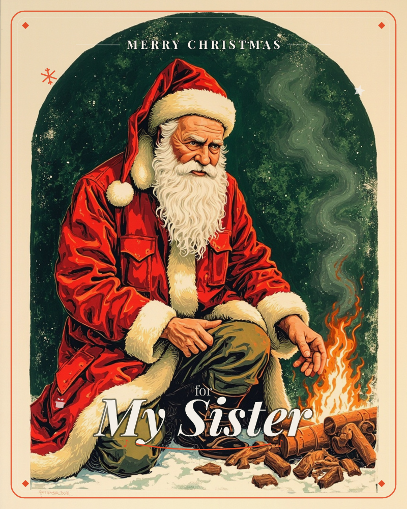 Santa Claus kneels in the snow beside a small crackling campfire, warming his hands as smoke curls upward against a deep green, star-flecked archway, a christmas e-card design