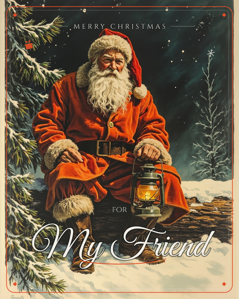 Santa Claus sits alone on a fallen log in a snowy woodland at night, his fur-trimmed red coat glowing against the dark blue sky, a christmas e-card design