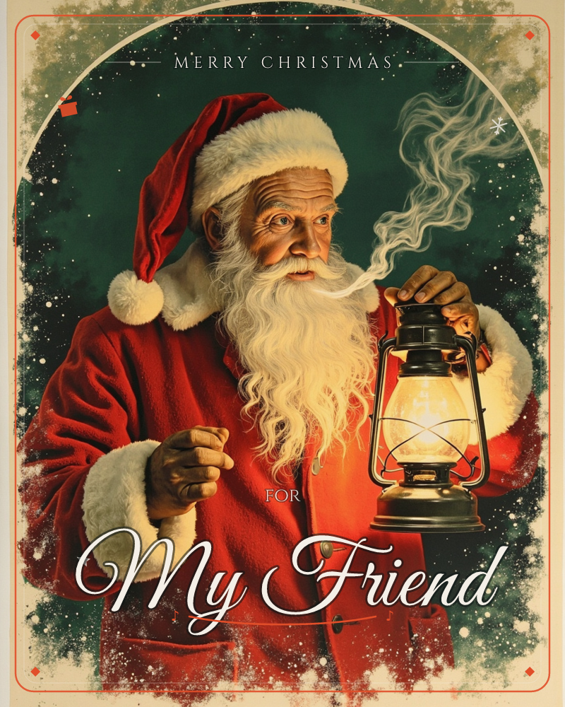 An arched portrait shows a weathered Santa in a red fur-trimmed coat, holding up an old lantern whose warm glow lights his long white beard against a…, a christmas e-card design