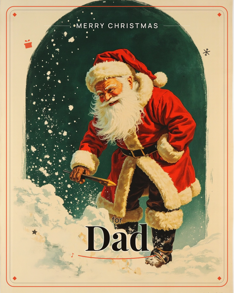 Santa Claus is shown mid-stride, leaning forward and pointing a pencil down into a snowdrift, framed inside a painted arched niche of deep pine green…, a christmas e-card design