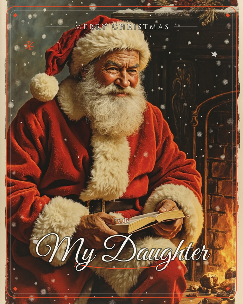 Santa Claus sits beside a glowing brick fireplace, his red fur-trimmed coat catching the firelight as he holds open a small book in his weathered hands, a christmas e-card design