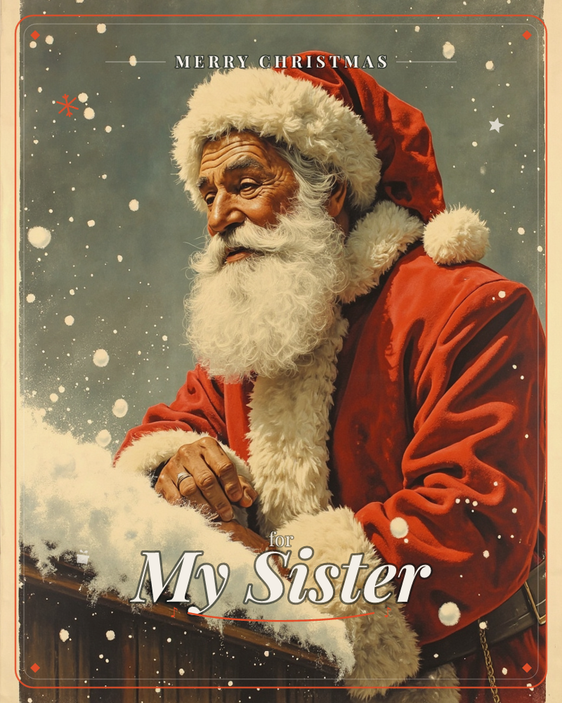 A close portrait of Santa Claus in his red fur-trimmed coat and hat, leaning on a snow-capped wooden ledge as thick snowflakes drift through the dusky…, a christmas e-card design
