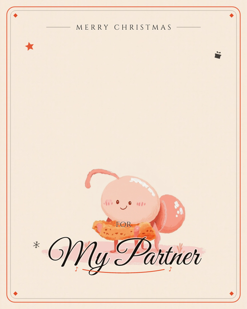A round, pink cartoon creature with a curled antenna and a plump tail stands on a soft pink patch of ground, happily nibbling a piece of orange-glazed…, a christmas e-card design