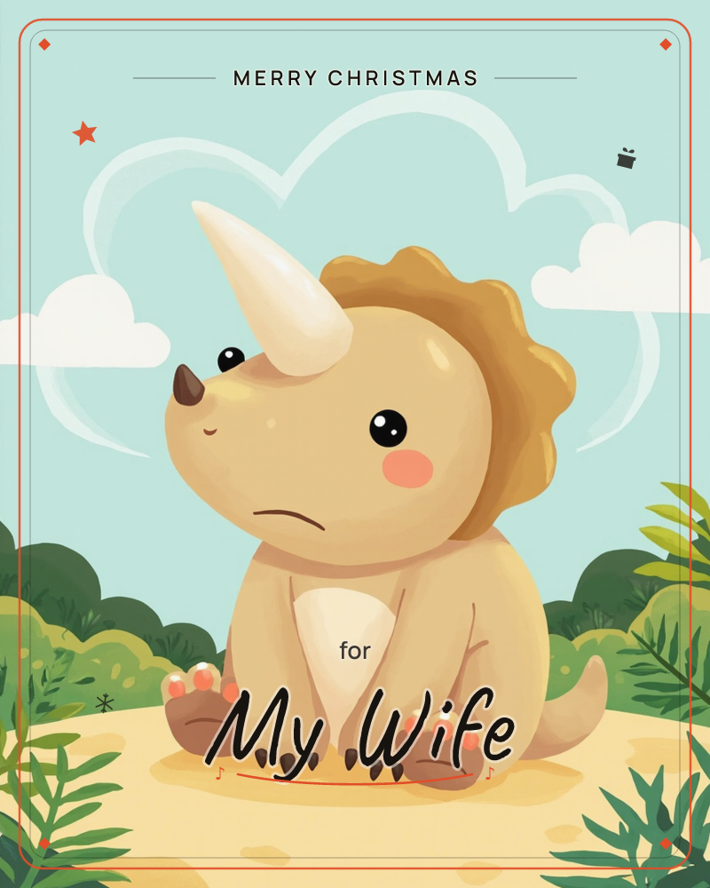 A round, big-eyed baby triceratops sits alone on a sandy patch under a pale teal sky, a soft heart-shaped cloud outlined behind its frilled head, a christmas e-card design