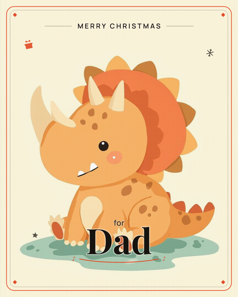 A round-bellied triceratops sits on a small puddle of pale teal water against a soft cream background, its frill spiked in orange and mustard scallops, a christmas e-card design