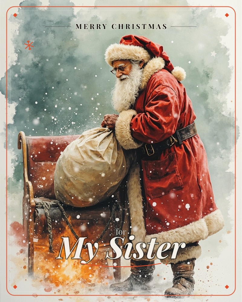 Santa Claus stands in falling snow beside an old wooden sledge, hefting a bulging burlap sack onto it while a small fire glows near the runners, a christmas e-card design