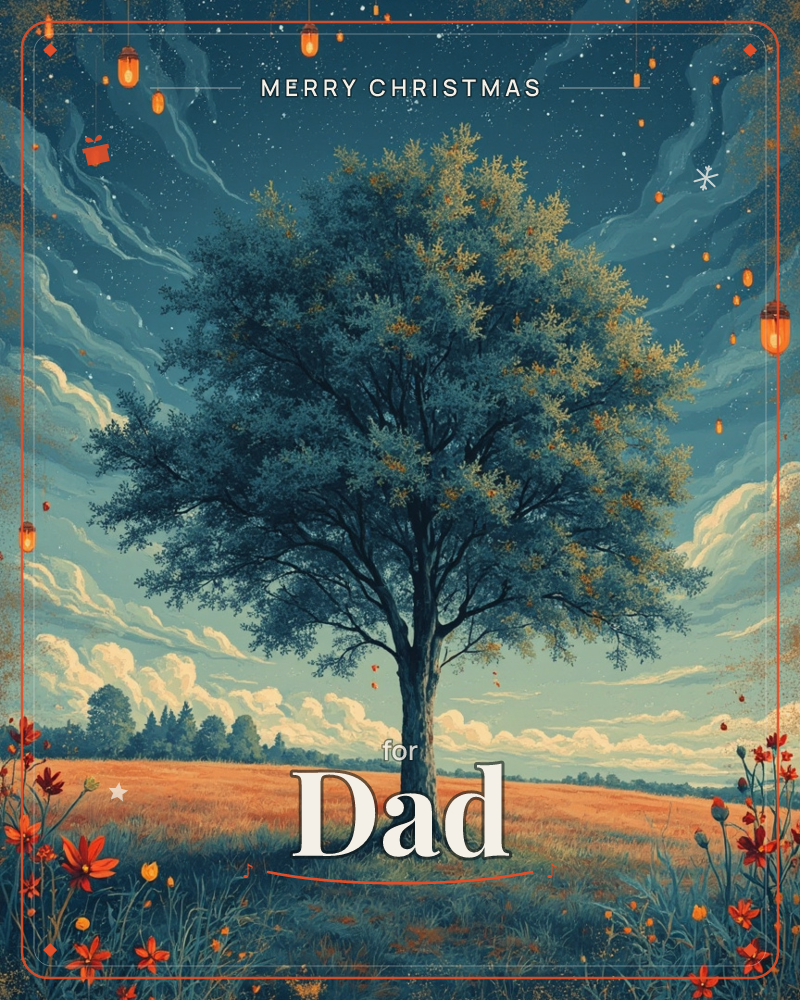 A solitary tree stands in a wide golden field beneath a swirling twilight sky, its branches reaching toward glowing lanterns that drift down like…, a christmas e-card design