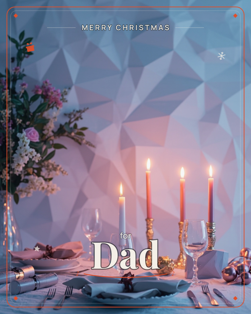A softly lit table is set with slender lit candles in pink and pale blue, standing in small brass and gold holders among empty wine glasses and folded…, a christmas e-card design