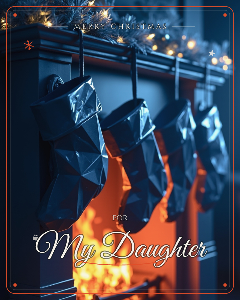 Four faceted, low-poly stockings hang from a dark mantel, their metallic navy surfaces catching glints of warm firelight from the hearth below, a christmas e-card design