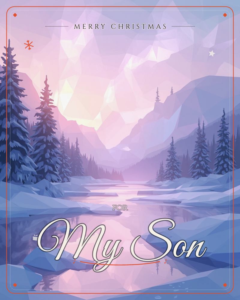 A low-poly mountain valley glows at dawn, with snow-laden pine trees framing a calm river that winds toward distant peaks, a christmas e-card design