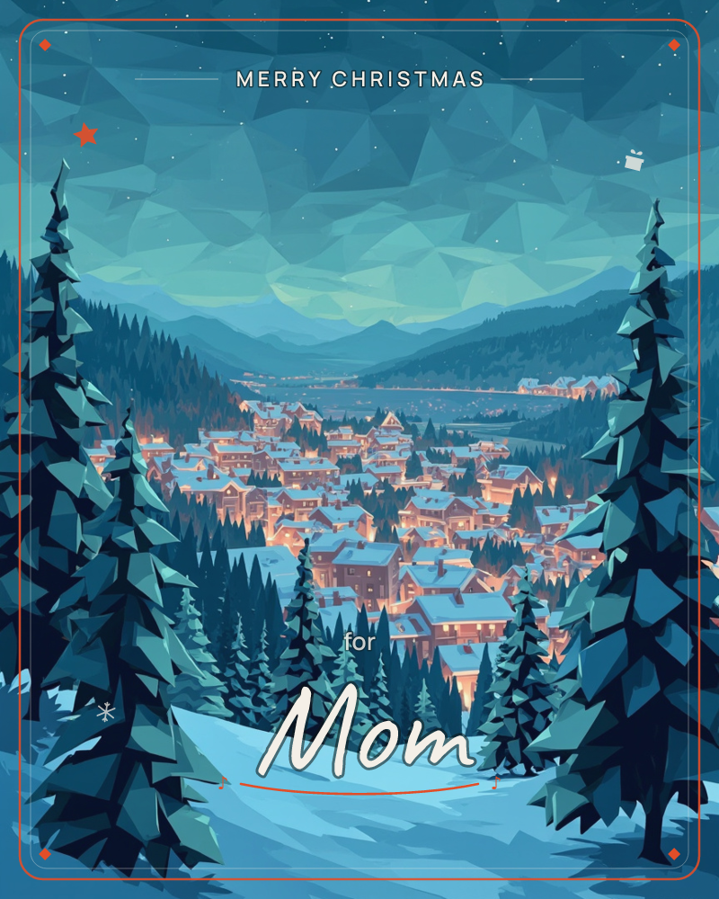 A snow-covered mountain village glows with warm window lights, seen from a pine-framed overlook at dusk, a christmas e-card design