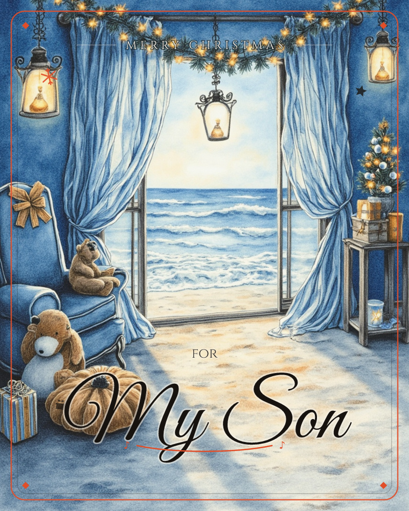 An open glass door frames a sandy beach and rolling waves, its blue curtains pulled back beneath a garland of fairy lights and pine, a christmas e-card design