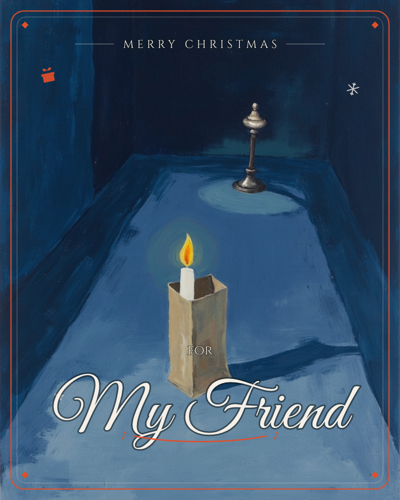 A single lit candle stands propped in a paper bag on a bare blue floor, its small flame the only warm note in an otherwise cool, shadowy room, a christmas e-card design