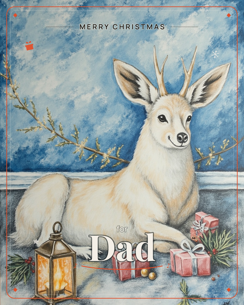 A pale cream-coloured deer with tall antlers and oversized ears lies curled on snowy ground against a swirling blue sky, a christmas e-card design