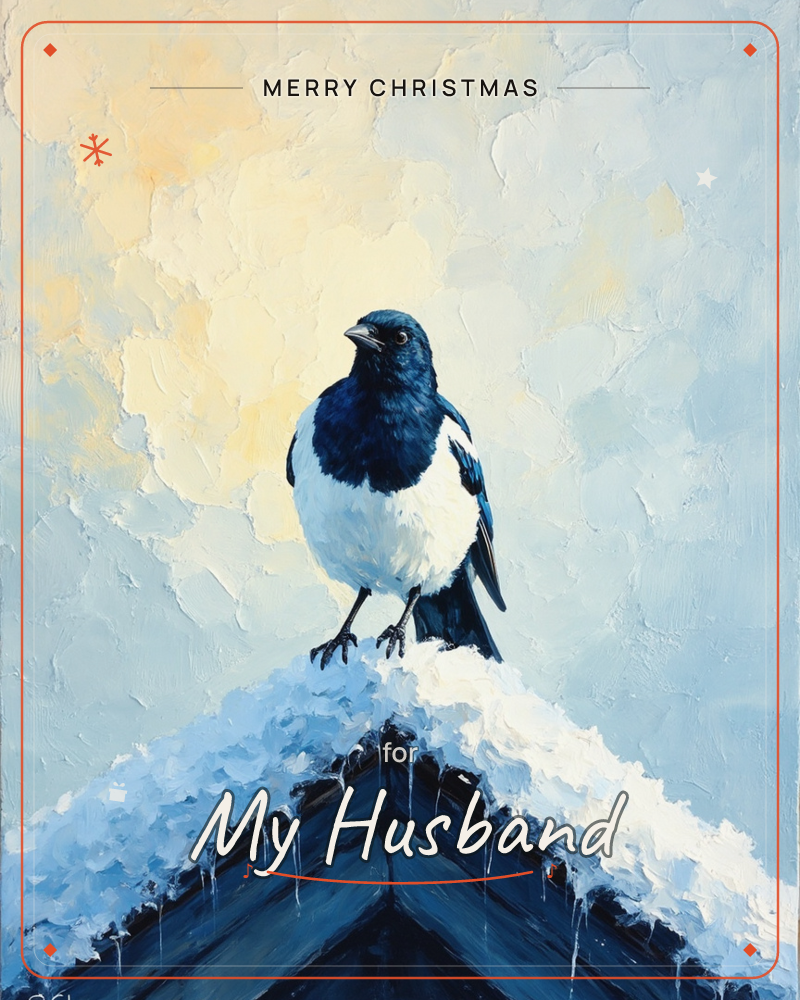 A magpie with glossy black-and-white feathers perches atop a snow-capped roofline, icicles hanging from the eaves below, a christmas e-card design
