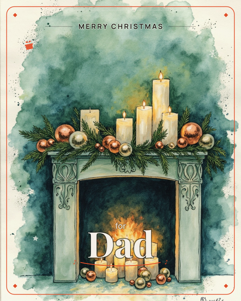 A carved white mantelpiece glows against a swirling teal wash, its ledge lined with pillar candles, pine sprigs and clustered gold and copper baubles, a christmas e-card design