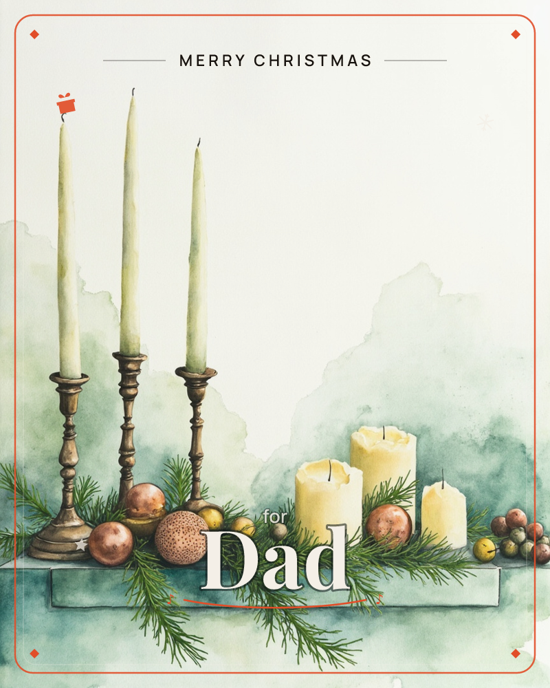 A watercolour mantel scene shows three tall taper candles in tarnished brass holders standing beside a trio of shorter pillar candles, all unlit with…, a christmas e-card design