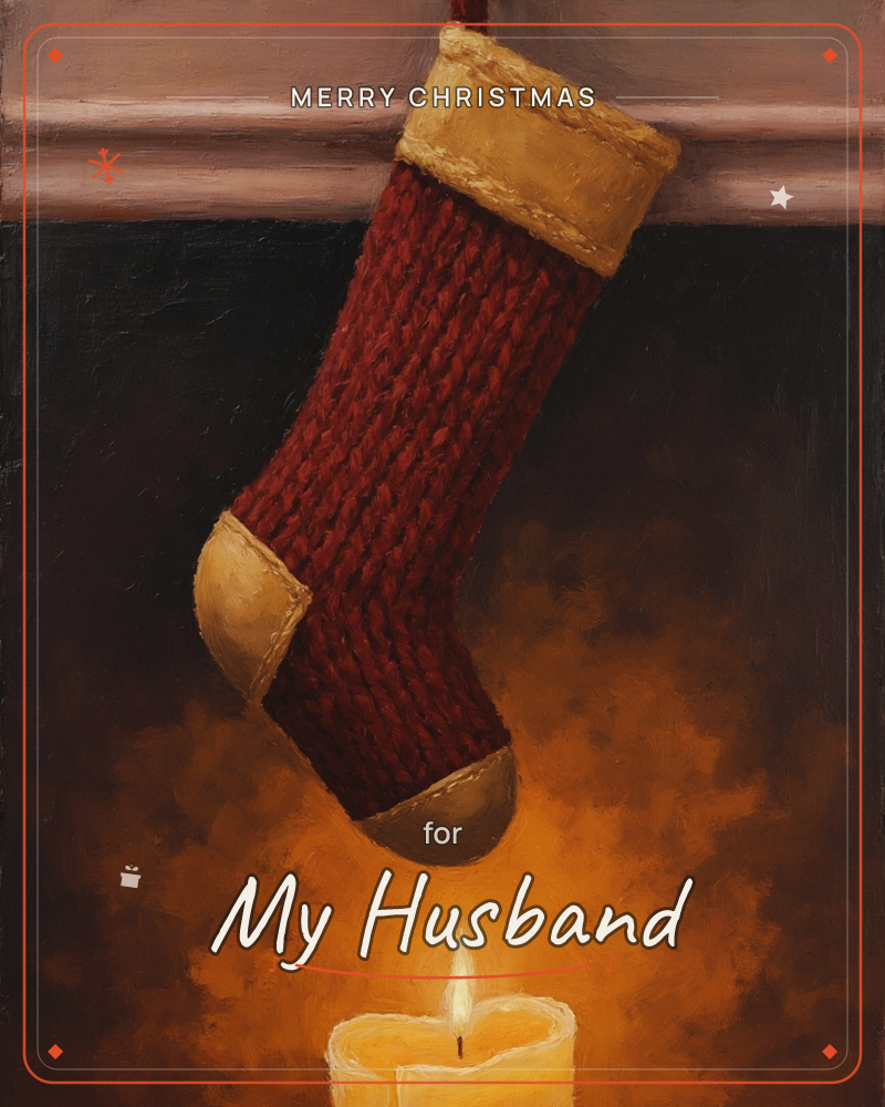 A knitted red stocking with a mustard-yellow cuff, heel and toe hangs from a pale mantelpiece against a dark background, a christmas e-card design