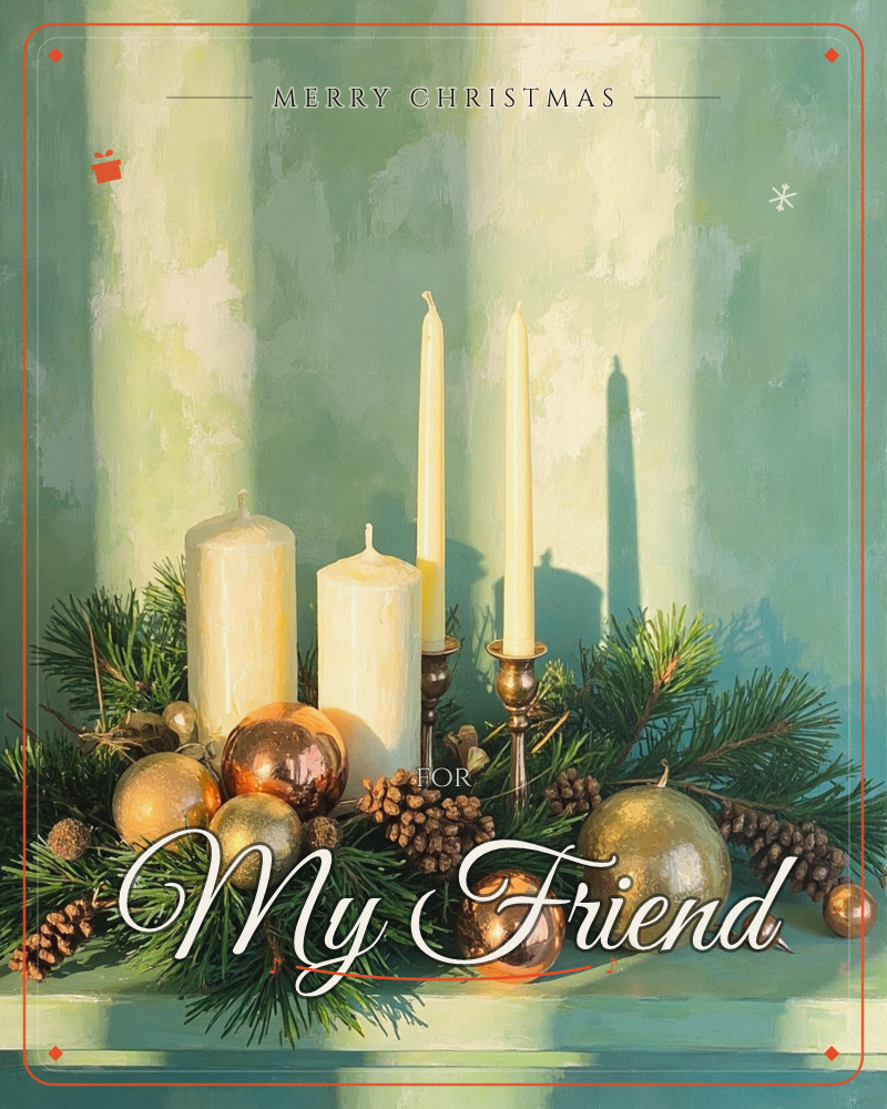 A still-life arrangement of unlit cream pillar and taper candles sits atop a mantel, surrounded by pine sprigs, pinecones, and gold and copper baubles, a christmas e-card design