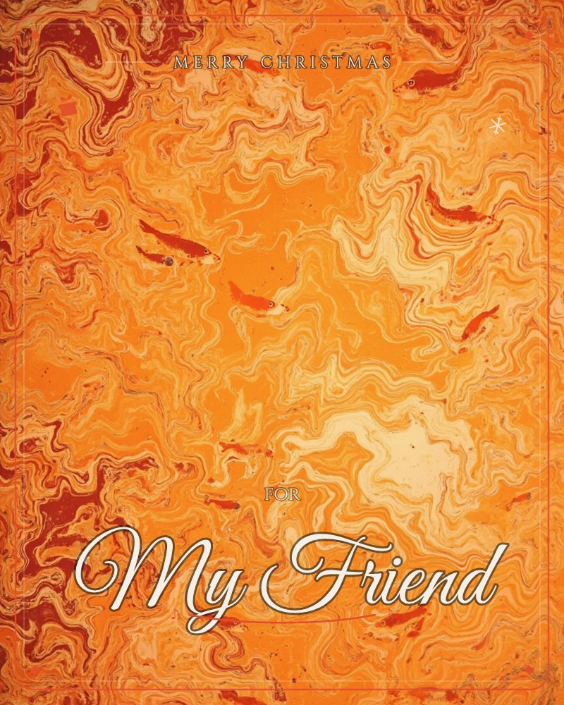 A swirling marbled pattern of molten orange, amber and deep rust flows across the whole card like liquid heat, a christmas e-card design